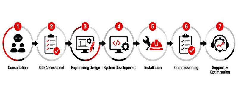 Engineering process diagram illustrating Proplant PCE's structured process control and automation project lifecycle from consultation and site assessment through engineering design, installation, commissioning and ongoing support.