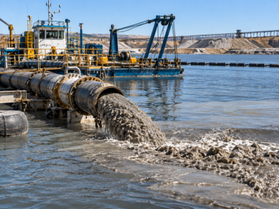 Dredging operation with slurry pipeline discharging sediment into water