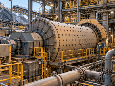 Large grinding mill and process equipment in a mineral processing plant