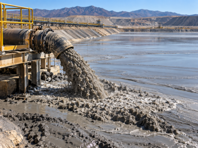 Tailings slurry discharged through a large pipeline into a tailings facility